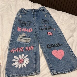 SHEIN Blue Denim Kids Wide Leg Jeans with Pink Graphics